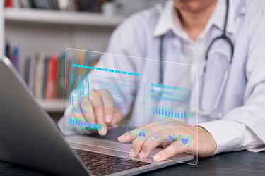 Healthcare quality-cost data in 3D hovering above a computer screen. 