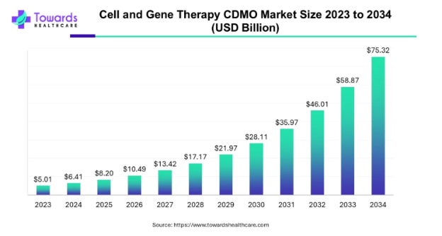 Bar graph: Cell and Gene Therapy C D M O Market Size 2023 to 2034 (U S D Billion). 2023: $5.01. 2024: $6.41. 2025: $8.20. 2026: $10.49. 2027: $13.42. 2028: $17.17. 2029: $21.97. 2030: $28.11. 2031: $35.97. 2032: $46.01. 2033: $58.87. 2034: $75.32.