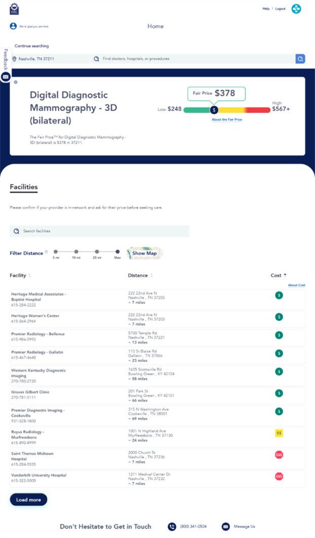 Valenz Bluebook search tool results: Digital Diagnostic Mammography - 3 D (bilateral). Fair price: $378.